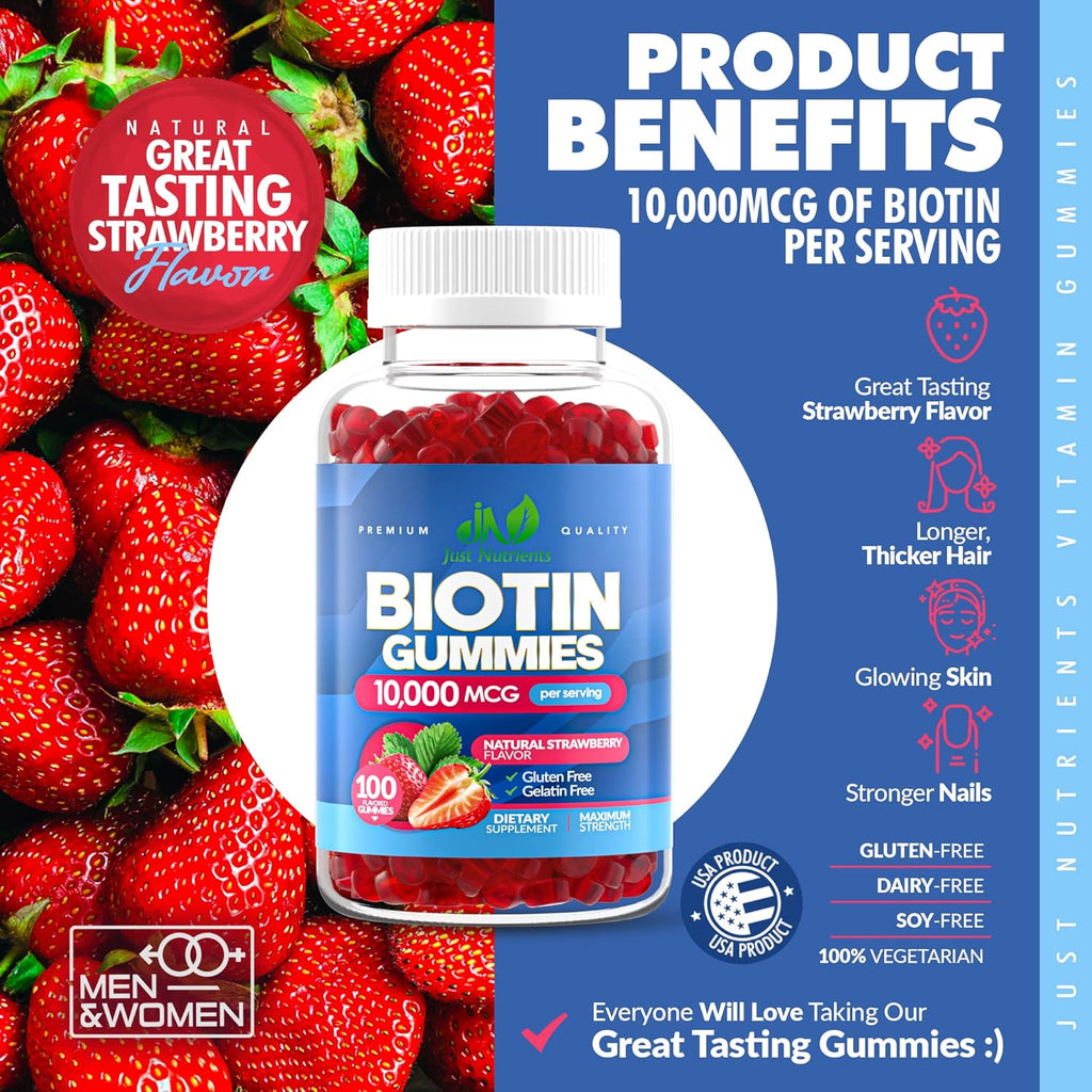 Biotin 10,000mcg Gummies for Women & Men, Strawberry Flavor, 100 Count R181