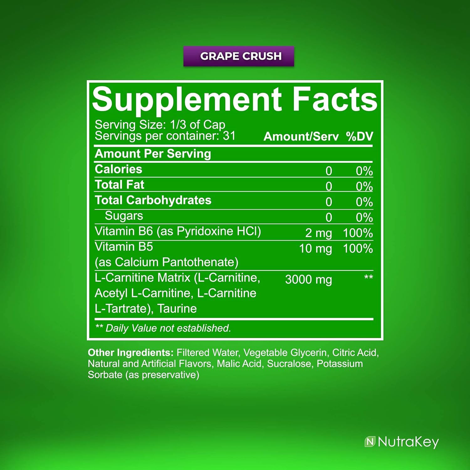 NutraKey L-Carnitine 3000mg Grape Crush, 31 Servings X245