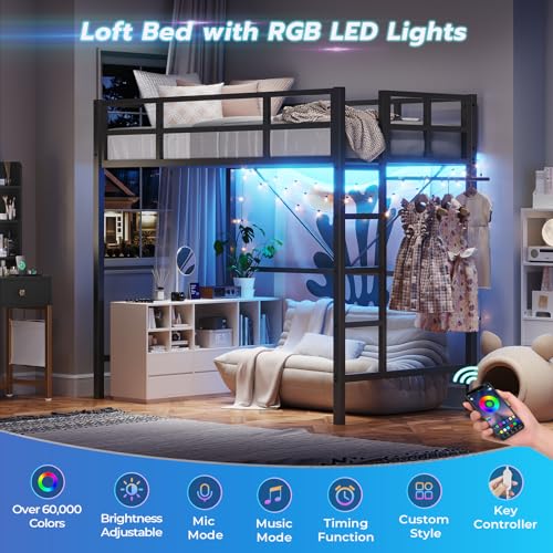 DICTAC Twin Loft Bed with Ladder and Guardrail, LED Lights, White B3802