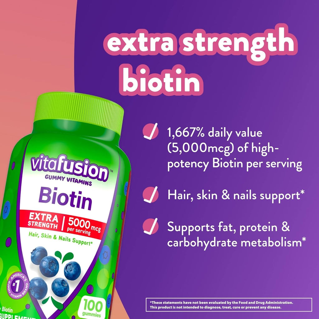 vitafusion Extra Strength Biotin Gummy Vitamins, Berry Flavored, 5000 mcg, 100 Count S506