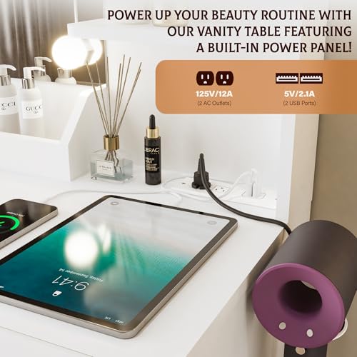 Vanity Desk with Mirror and Lights, Dimmable LED Makeup Table with Drawers and Stool, White K410427