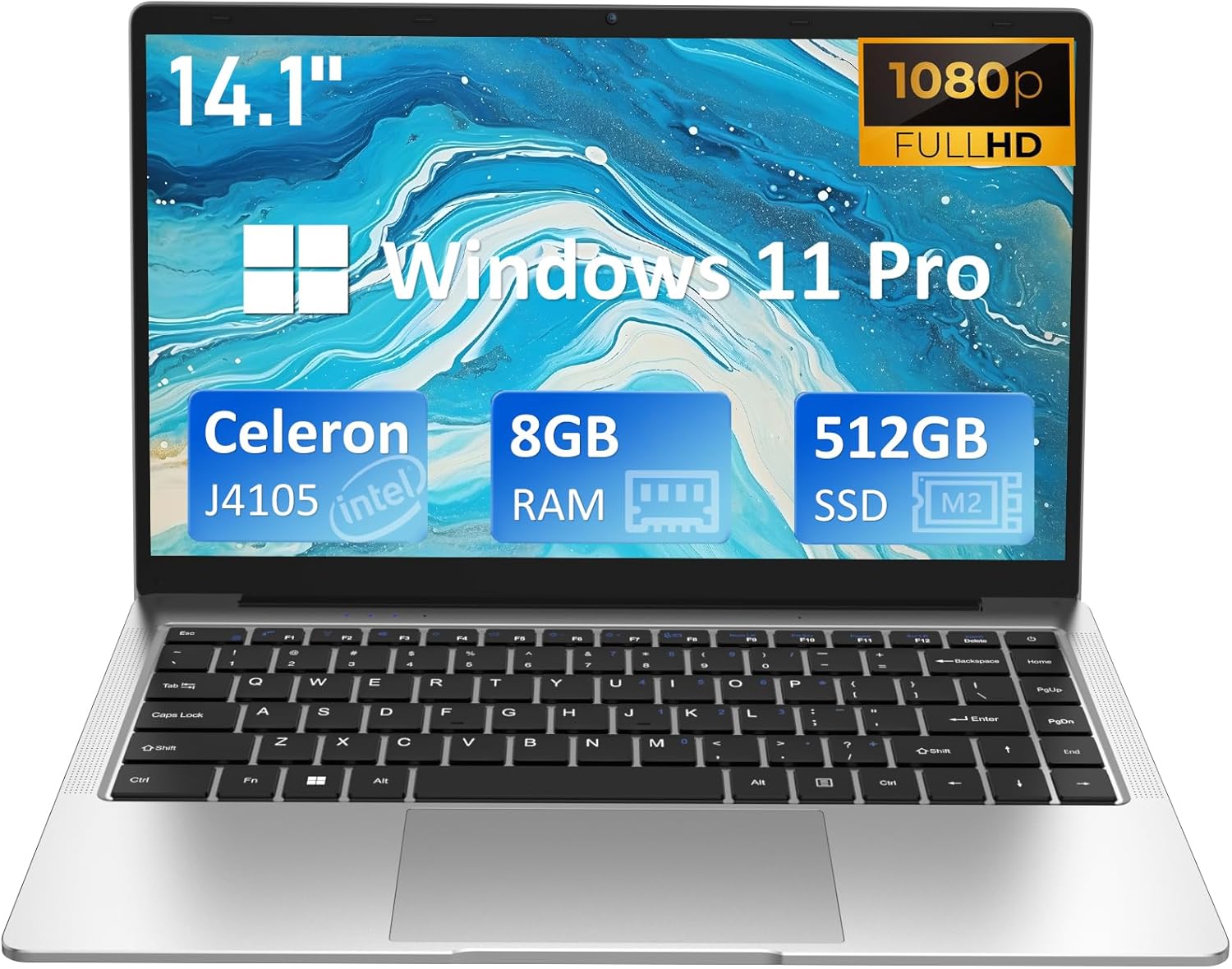 Windows Laptop Computer, 8GB DDR4 RAM, 512GB M.2 SATA SSD, 2-2.5 GHz Intel Celeron J4105 Processor, 14.1" FHD IPS LCD Screen, Mini HDMI, USB-A x2, MicroSD, Windows 11 Pro Traditional Laptop Computers