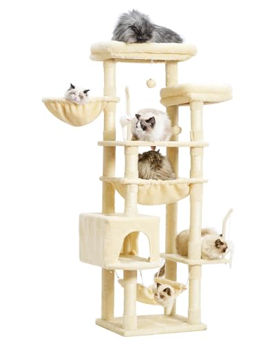 Cat Tree, Cat Tower for Large Cats with 2 Big Platforms, 2 Baskets, condo and Toys, 63" Cat Scratching Posts for Indoor Cats, Smoky Gray GCT020G