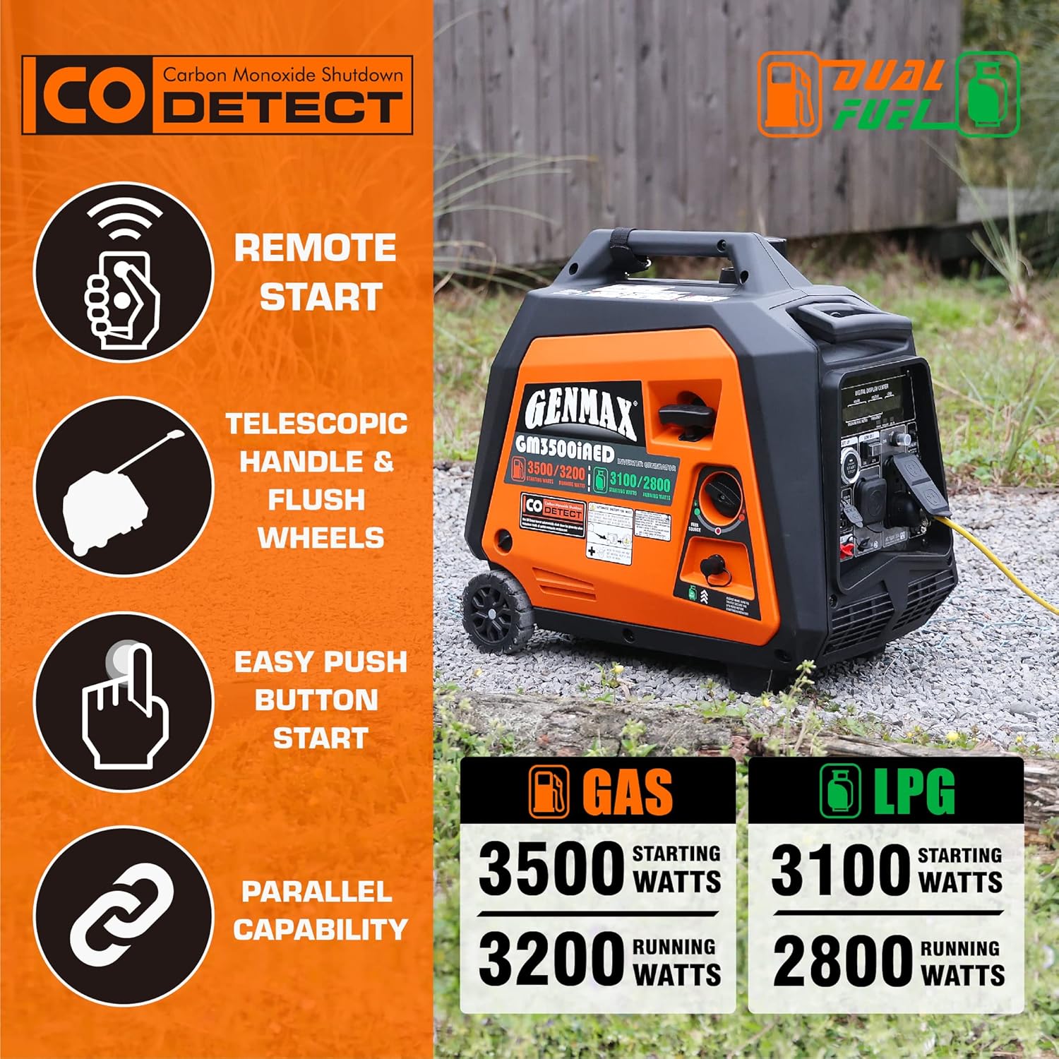 GENMAX Portable Inverter Generator 3500W Gas or Propane with Remote/Electric Start G56238