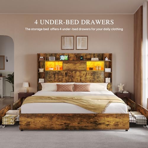 YITAHOME Queen Bed Frame with Bookcase Headboard and 4 Storage Drawers, Black L762695