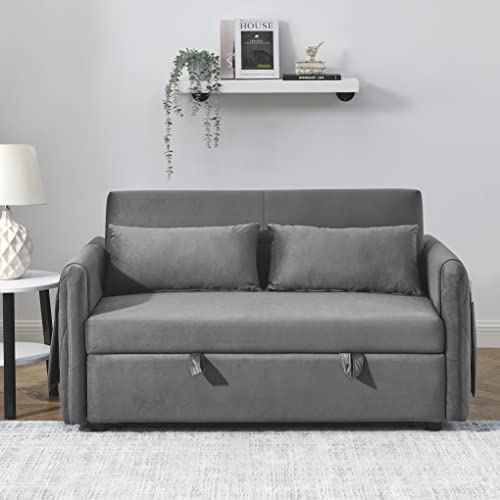 55" Modern Convertible Sofa Bed Velvet Loveseat with 2 Pillows L9348