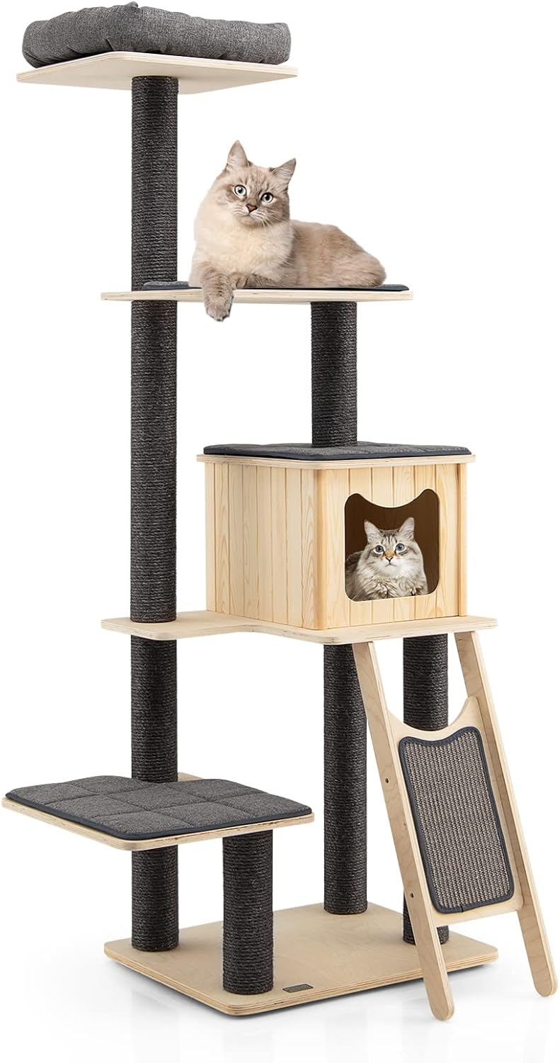 PETSITE 69" Tall Wooden Cat Tree Tower, Modern Cat Activity Center Tree with Sisal Posts & Scratch Board, Condo & Top Perch for Kitchen & Large Cat, Grey