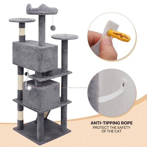 MoNiBloom Cat Tree 60 Inch with 2 Cat Condos, Scratching Post, Smoky Grey U3835