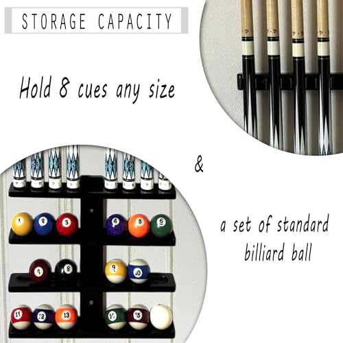 Wall-Mounted Pool Stick Holder Hardwood Rack for 8 Cues, Black Z37042