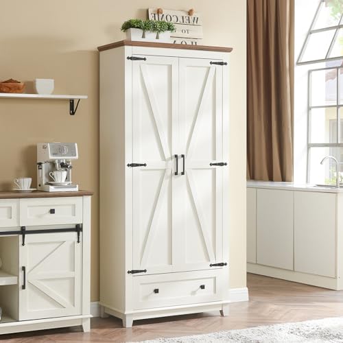 AMERLIFE 72" Tall Kitchen Pantry Storage Cabinet, Farmhouse Food Pantry Cabinet for Kitchen, Dining Room, Living Room, Adjustable Shelves and Drawer, White