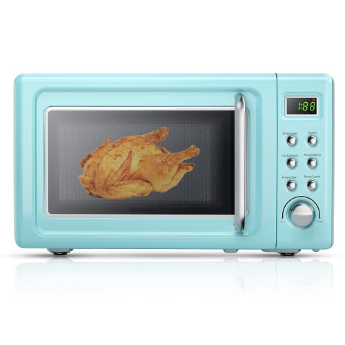 0.7 Cu.ft Compact Microwave Oven, Digital Timing & Child Lock, Small Microwave w/Glass Turntable & 6 Preset Buttons, Delayed Start Function, 700W Mini Microwave w/5 Micro Power (Golden)