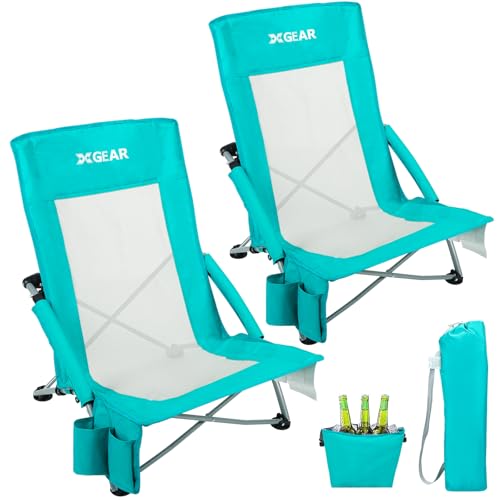 Beach Chair Sturdy Beach Chairs for Adults 2-Pack with Cooler Bag, High Back Camping Chair with Side Pocket, Cup Holder & Carry Bag, for Outdoor Sand-Blue