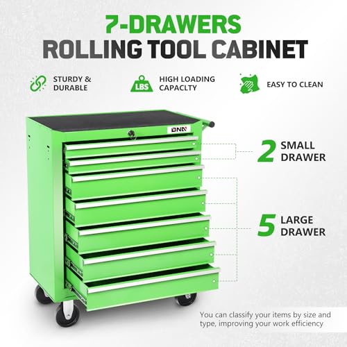 DNA MOTORING 7-Drawer Rolling Tool Cabinet Chest with Keyed Locking System, Green M137