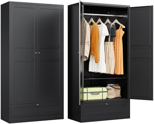 Metal Wardrobe Cabinet,Armoire Wardrobe Closet with doors,White Metal Clothing Storage Cabinet with Adjustable Shelves and Hanging Rod,72" Wardrobe Storage Cabinet for Home,Bedroom Armoires,Laundry