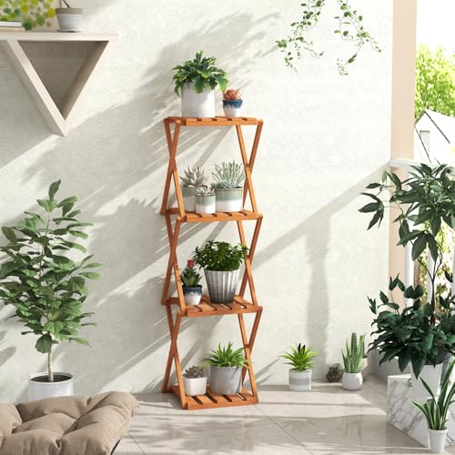 Giantex 4-Tier Foldable Wooden Plant Stand, No Assembly Required G68483