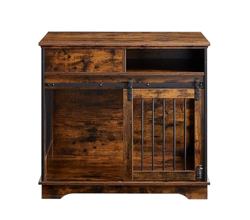 Dog Crate Furniture, Dog Crate Table with Sliding Barn Door, 35" Dog Kennel Furniture Heavy Duty Wood Crates for Small/Medium/Large Dogs Kennel Indoor Brown One Size