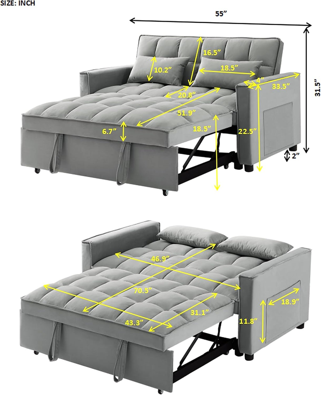 Eafurn Convertible Sleeper Sofa Bed with Adjustable Backrest, Grey E147724