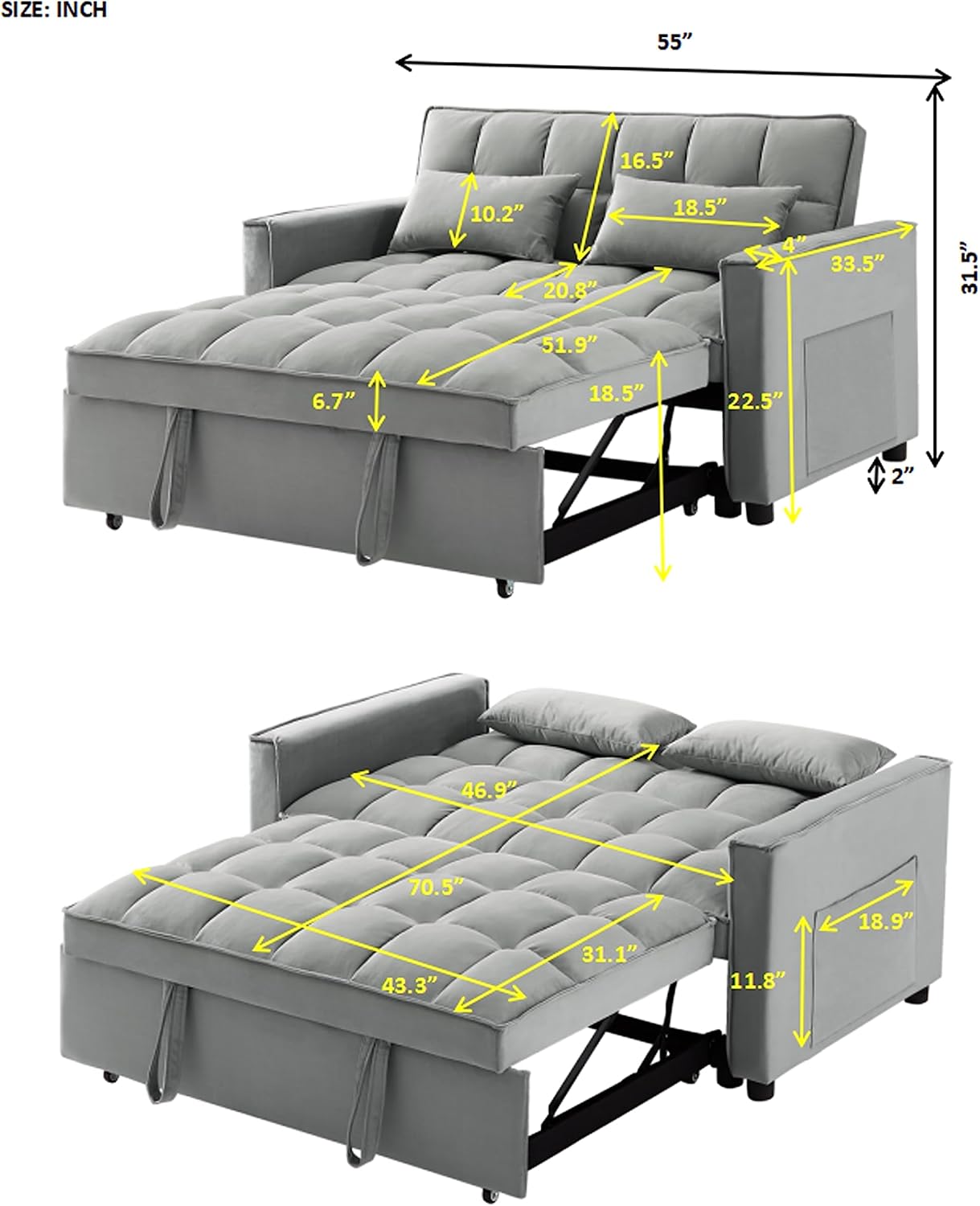 Eafurn Convertible Sleeper Sofa Bed with Adjustable Backrest, Grey E147724