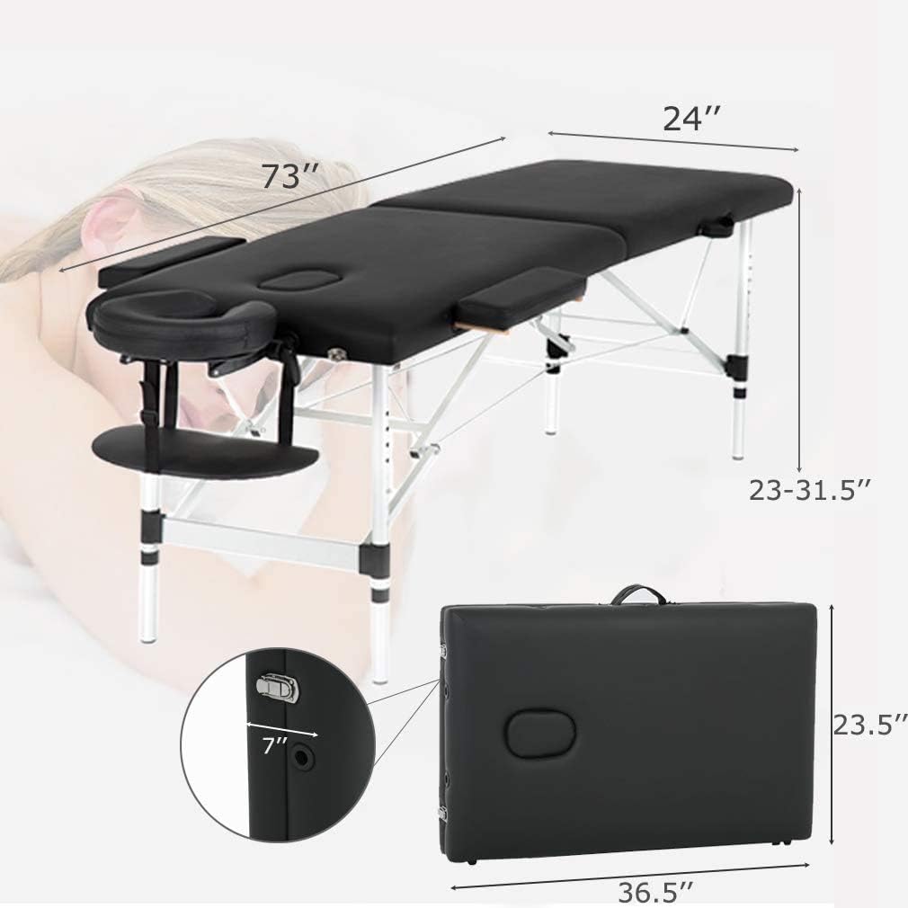 Aluminium Massage Table 2 Fold 73 Inch Portable with Armrest, Black S357178