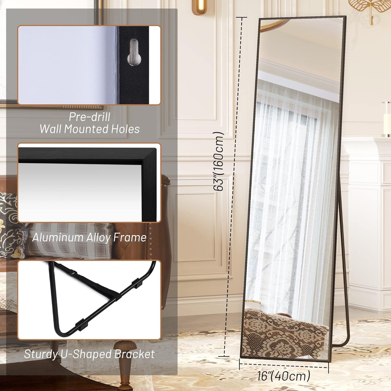 LVSOMT Full Length Mirror with Stand, 63"x16", Black W7641