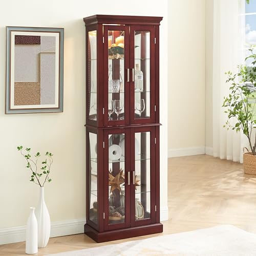 Knocbel Classic 70" Tall 6-Shelf Curio Cabinet with 4 Tempered Glass Doors and Adjustable Storage Shelves, Free Standing Display Showcase Bookshelf for Living Room Bedroom Home Office (Oak)