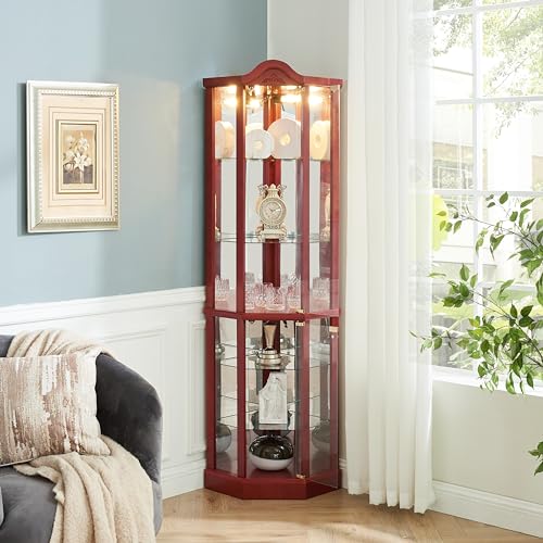 AMNOOL Glass Cabinet Lighted Antique Corner Curio Display Cabinet with Adjustable Shelves, Cherry W306442