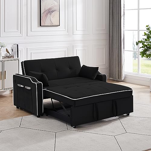 3 in 1 Convertible Sleeper Sofa Chair Bed with Adjustable Backrest USB Ports Cup Holder Side Pocket Pillow Velvet Folding Chaise Lounge for Apartment Living Room Guest Room Small Space Furniture Black