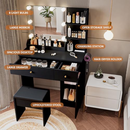 Vanity Desk with Mirror and Lights, Dimmable LED Makeup Table with Drawers and Stool, White K410427