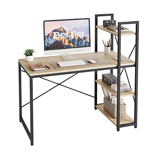 Bestier Computer Desk with Shelves - 47 Inch Small Space Home Office Desks with Bookshelf for Study Writing and Work - Plenty Leg Room and Easy Assemble, Grained Black