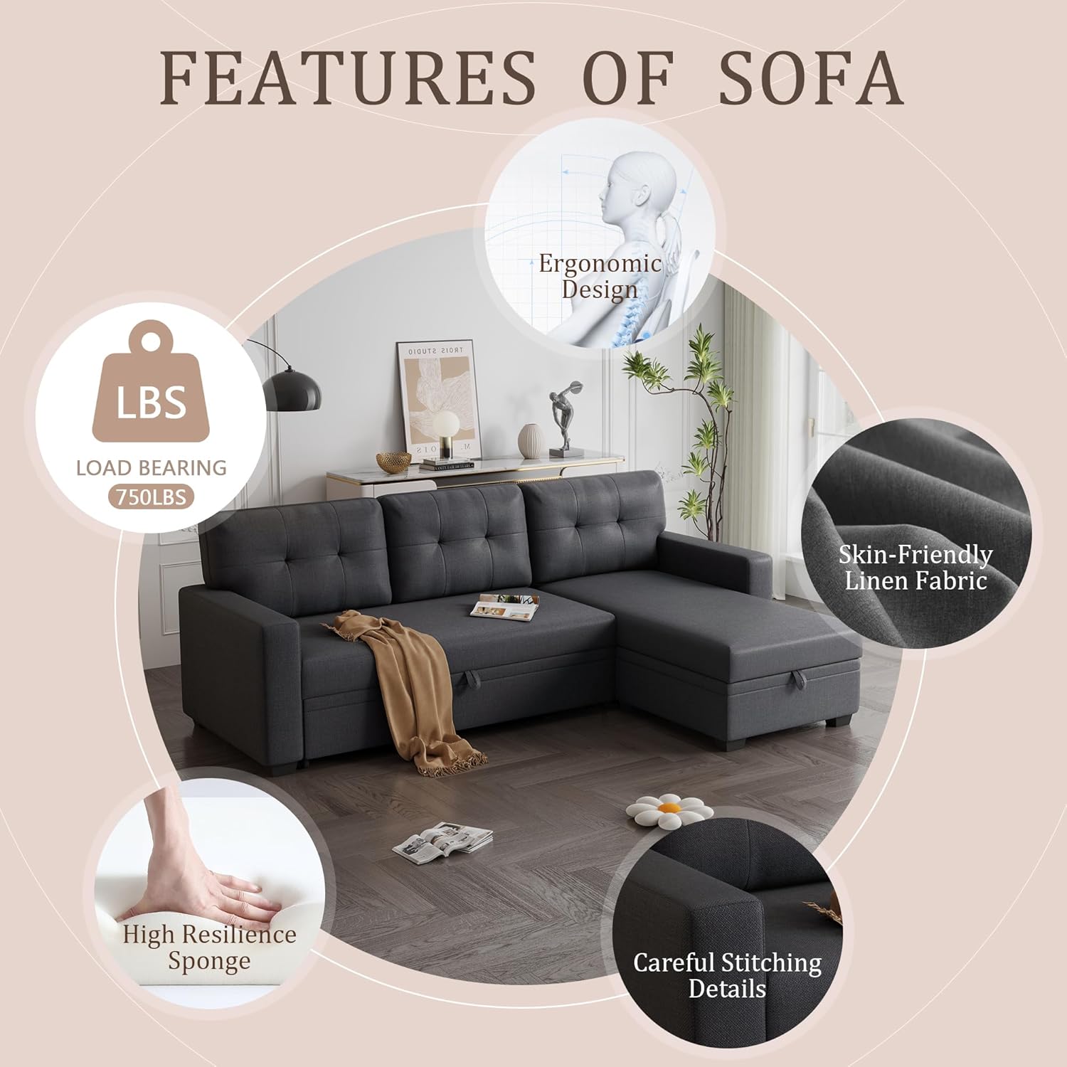 82" Upholstered Pull Out Sofa Bed with Storage Chaise, Dark Gray E40641