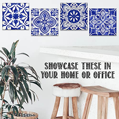 Blue Mosaic Mexican Spanish Tiles Canvas Wall Art 4 Panels Ready to Hang F5386