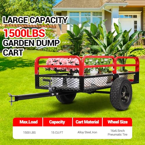 Heavy Duty Steel Dump Cart Utility Trailer 1600LB Capacity for ATV Lawn Tractor B543