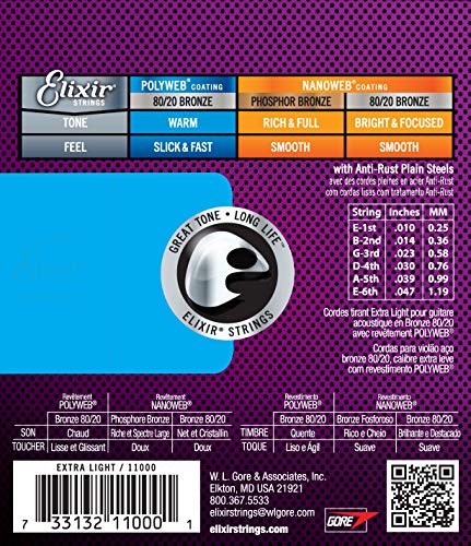 Elixir Acoustic Guitar Strings 80/20 Bronze POLYWEB Coating Extra Light 10-47 X628