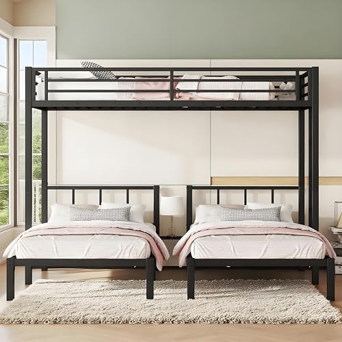 Twin Triple Bunk Bed Heavy Duty Metal with Guardrails and Ladder, Black P760