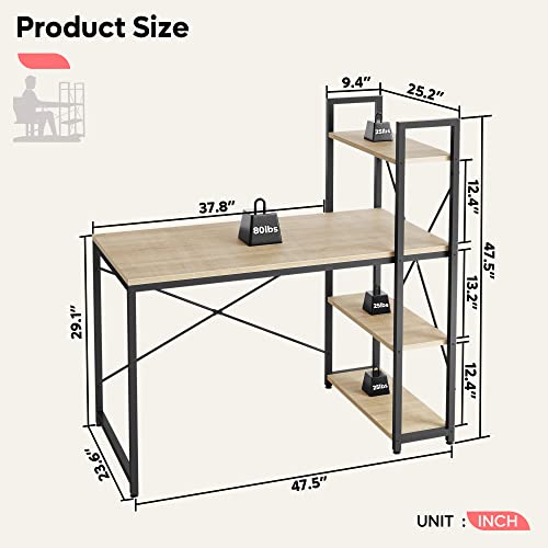 Bestier Computer Desk with Shelves - 47 Inch Home Office Desk with Bookshelf, Grained Black E5808