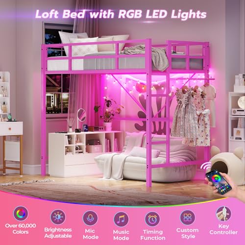 DICTAC Twin Loft Bed with Ladder and Guardrail, LED Lights, White B3802