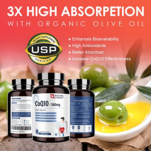 NATURE TARGET CoQ10 200mg Softgels with PQQ and Organic Olive Oil, 120 Servings G633