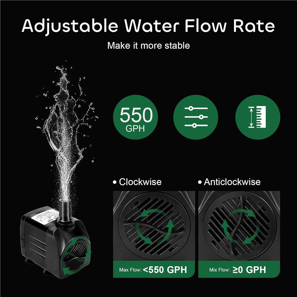 GROWNEER 550GPH Submersible Pump 30W Ultra Quiet Fountain Water Pump with 3 Nozzles V917174