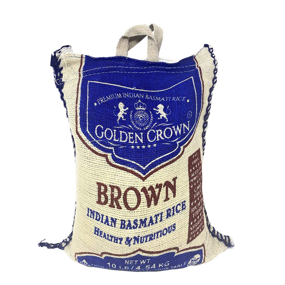 Golden Crown Brown Indian Basmati Rice - 100% Extra Long Grain Healthy Source of Fiber GMO Free Healthy & Nutritious - 10 Lb