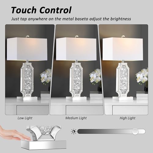 3-Way Dimmable Touch Diamond Crushed Mirrored Bedside Table Lamps Set of 2 with USB Ports Z3687