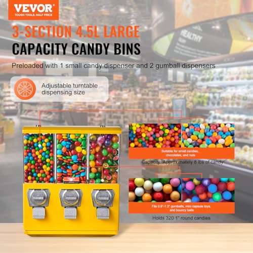 VEVOR Commercial Vending Machine, Triple Compartment Candy Dispenser with Iron Stand, Yellow K8189