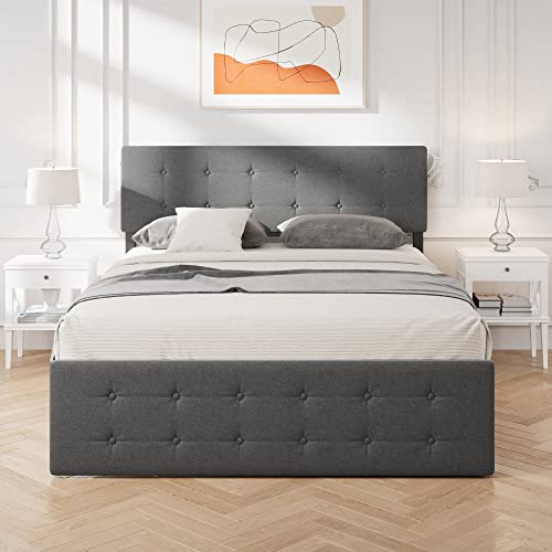 Queen Upholstered Platform Bed Frame with 4 Storage Drawers, Grey C8684