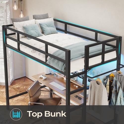 DICTAC Twin Loft Bed with Ladder and Guardrail, LED Lights, White B3802