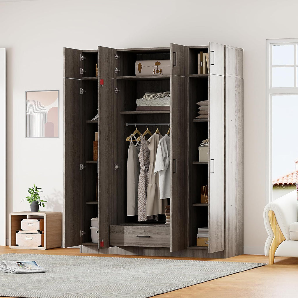 Modern Wardrobe with 4-Door and 1 Drawers, Wood High Cabinet Closet, 80.8" Tall Bedroom Armoires with Shelves, Hanging Rods and Top Cabinet for Bedroom Entryway (Gray-BB01)