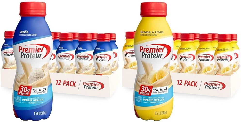 Premier Protein Shake Vanilla & Bananas & Cream, 30g Protein, 1g Sugar, 24 Vitamins & Minerals, 12 Pack Bundle