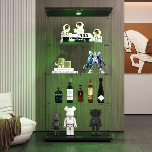 DADEA Glass Display Cabinet with Light and Lock, 4 Shelves, Black L18556