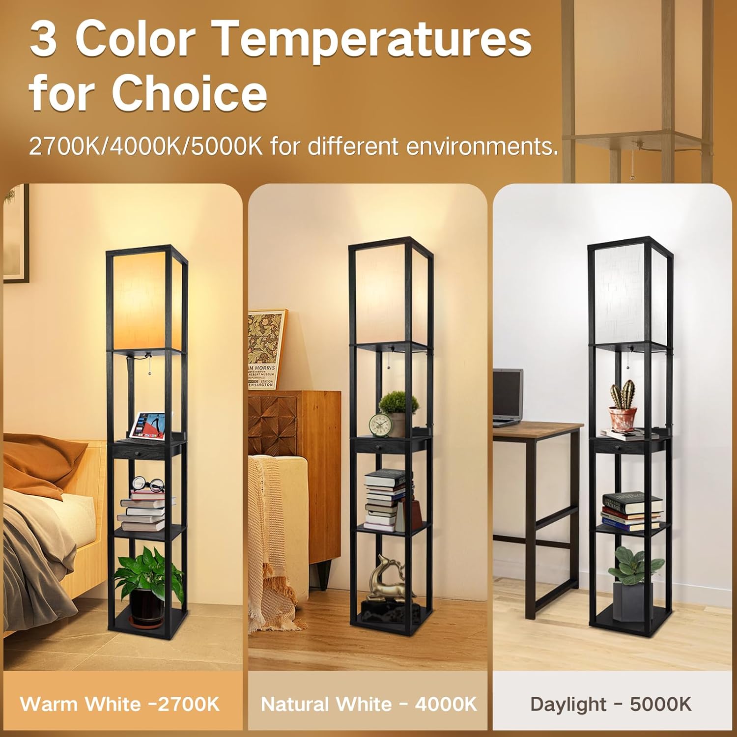 OUTON Wood Tripod Floor Lamp with Shelves, Dimmable LED, Remote Control D46512