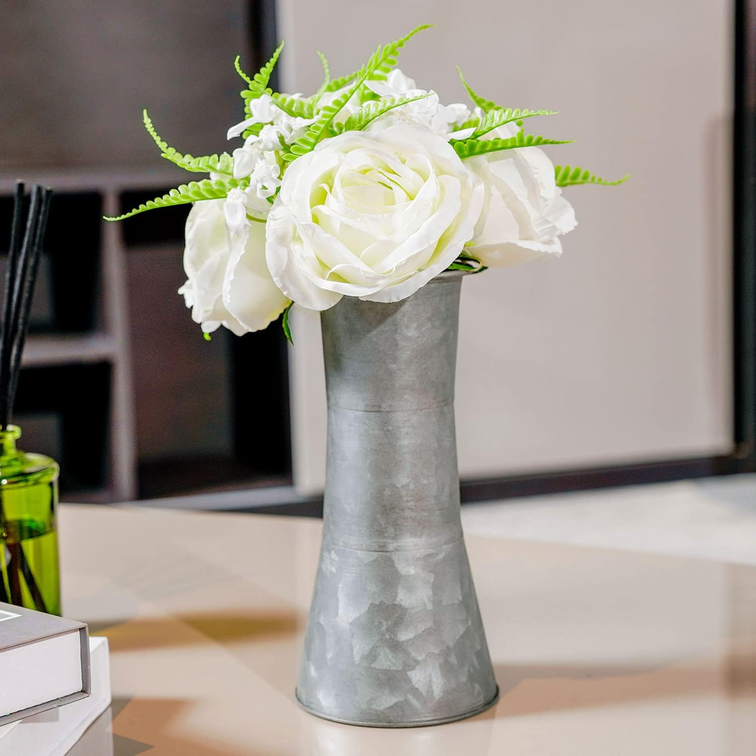 MyGift 8 Inch Galvanized Metal Flower Vase with Faux White Roses X9162