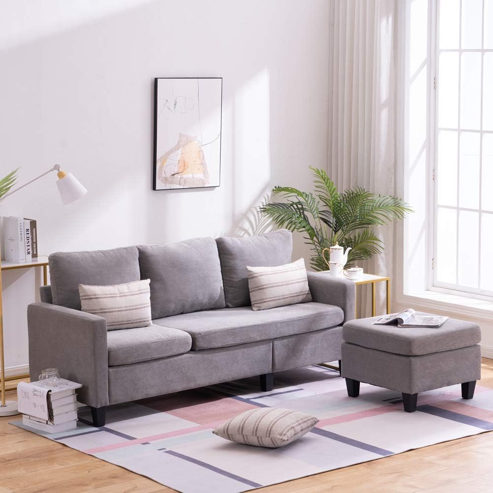 Convertible Sectional Sofa Couch, Linen Fabric L-Shaped with Reversible Chaise, Light Grey E6893
