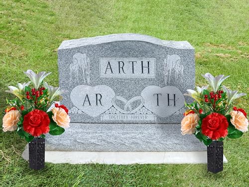 Cemetery Headstone Flower Saddle - Outdoor Grave Decorations, Red+White Silk Rose & Lily O55841